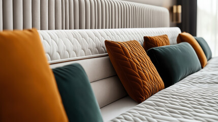 Sticker - Close-up of a modern bed with a quilted headboard, featuring an arrangement of decorative pillows in orange and green, with a sleek, stylish design.