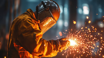 industrial worker in protective gear working with sparks at an steel factory