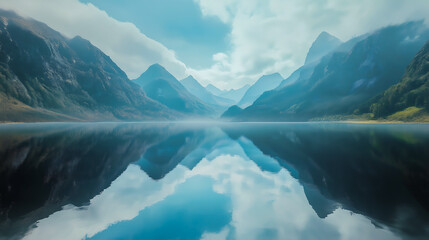 The mountain landscape is perfectly reflected in a mirror like the water surface	