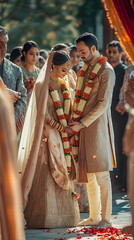 The bride and groom stand together, dressed in elegant traditional attire, while surrounded by guests during their wedding ceremony