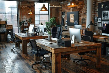Poster - A modern office with wooden desks and chairs, and a black