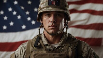 Soldier in full military gear with american flag backdrop