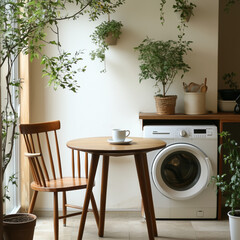 a serene and visually appealing kitchen corner in an apartment, blending Japandi style with practicality, and incorporating the washing machine seamlessly into the space. and dining table