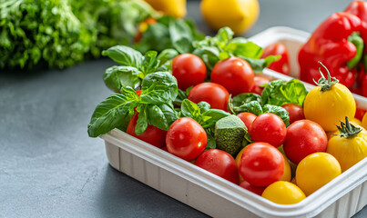 Fresh tomatoes, yellow tomatoes, and basil leaves are beautifully arranged in compostable packaging tray, showcasing vibrant colors and freshness. This image captures essence of healthy eating and sus