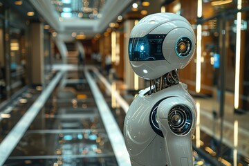 Poster - A robot stands in a hallway with its head turned to the side