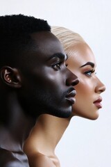 Wall Mural - Interracial couple posing with neutral expressions on white background