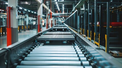 Headphones and sneakers moving on a conveyor belt, showcasing automated production or packaging process in a modern manufacturing facility.