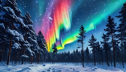 Breathtaking northern lights dance above a snow-covered forest, illuminating the winter night sky with vibrant colors