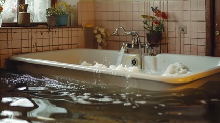 A bathtub overflowing with water and bubbles, sitting in a flooded bathroom.