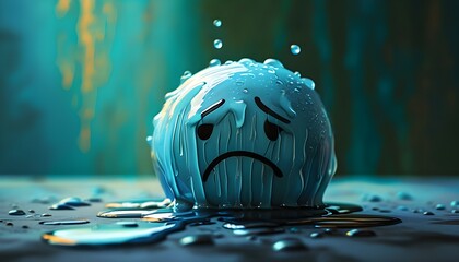 Wall Mural - Melting Sad Emoji Illustrating Stress and Exhaustion Against a Teal Background