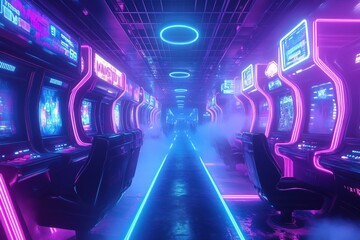 Neon Genesis Gaming: A vibrant, futuristic gaming lounge pulsates with electric blue and pink neon, beckoning players to a world of digital adventure. 