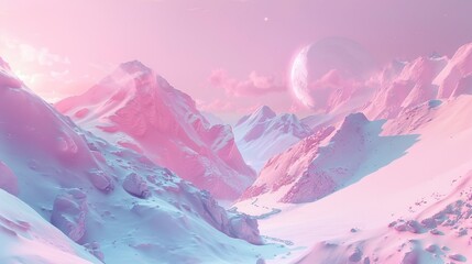 Wall Mural - A dreamy, pastel-colored mountain range with a crescent moon in the sky, bathed in a soft, ethereal light.