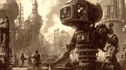 Ai-driven robots assembling intricate machinery, steampunk style, sepia tones, detailed illustration, factory setting. Sepia Tones. Illustration