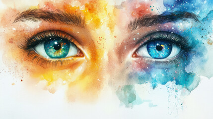 Wall Mural - vibrant eyes in this watercolor artwork symbolize deep connection to universe, showcasing beautiful blend of colors and emotions. artwork captures essence of enlightenment and exploration