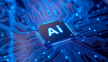 Poster - A futuristic microchip with glowing blue accents and the letters 'AI' emblazoned on its surface, set against a vibrant blue backdrop that pulses with an otherworldly energy.