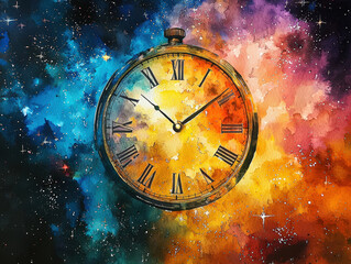 Wall Mural - Timeless aura of vintage clock surrounded by vibrant galaxy, showcasing blend of colors and cosmic elements. clock ticks through vastness of space, evoking sense of wonder