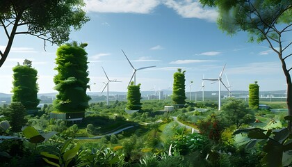 Sustainable cityscape featuring eco-friendly buildings and wind turbines embraced by lush greenery, showcasing harmony between nature and urban living.