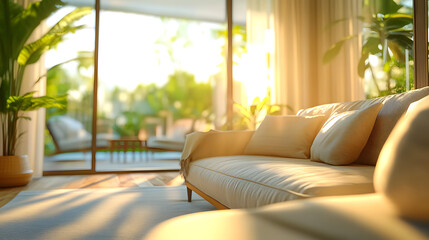 Poster - Blur image of living room with furniture at home with sunlight for background usage blur interior concept : Generative AI