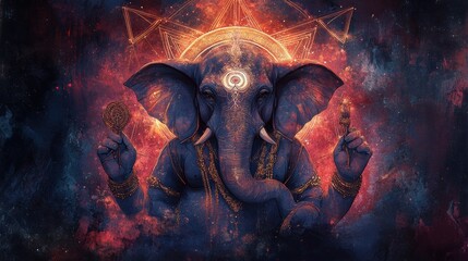 A vibrant depiction of a mystical elephant surrounded by cosmic elements and spiritual symbolism, representing wisdom and prosperity.