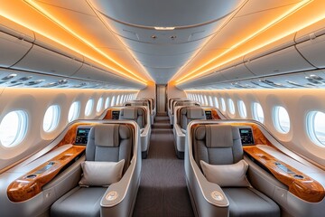 Commercial aviation for international business travel, showcasing modern airlines with luxury business class services