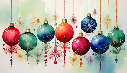 watercolor christmas ornaments hanging representing holiday decor