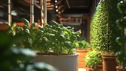 A vibrant indoor garden displaying lush herbs in elegant pots, showcasing green leaves in a serene environment.