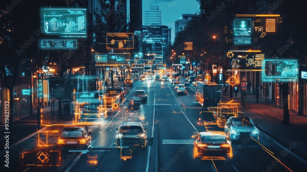 Futuristic traffic signs on a smart city street, with holographic ...