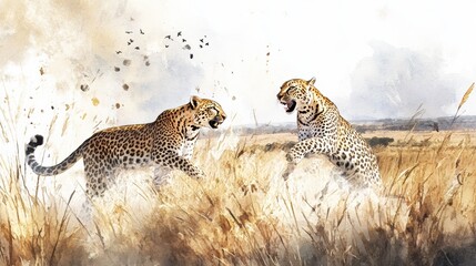 Two fierce leopards engage in a dramatic face-off amidst a vast grassy landscape, showcasing the beauty of wildlife.