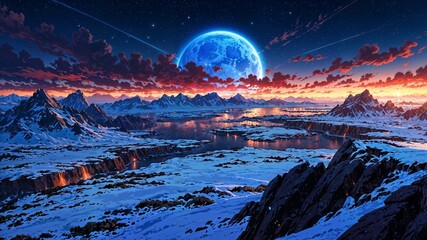 Background - alien planet landscape with a glowing blue moon