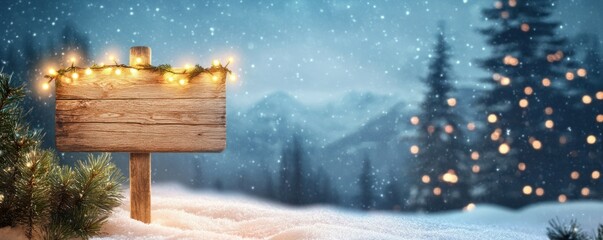 Wall Mural - Snowy wooden sign with lights in winter landscape.