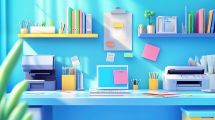 Cartoon 3D style of an online store specializing in office supplies, with animated desks, stationery items, printers, and organizers, and a digital workspace environment