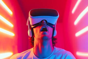 Poster - A person immersed in virtual reality with vibrant lighting effects.