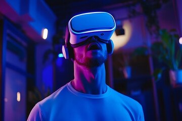 Poster - A person wearing a virtual reality headset, immersed in a colorful, futuristic environment.