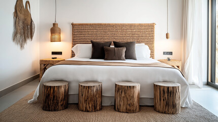 Wall Mural - Cozy modern bedroom interior with a large bed, wicker headboard, wooden stools, bedside tables, hanging lamps, and decorative wall art. Natural light from a window with curtains.