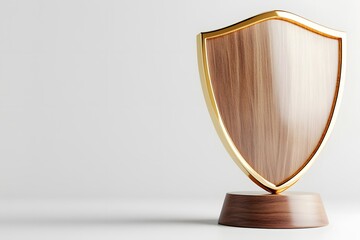 A wooden shield-shaped trophy with gold trim stands on an empty white background.