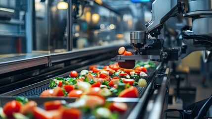Poster - Robotic Arm Sorting Vegetables on Conveyor Belt in a Factory Setting