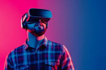 Poster - A man wearing a VR headset, immersed in a virtual experience with vibrant lighting.