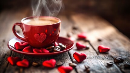 Espresso Cup And Saucer With Heart Shaped Steam And Red Hearts On Wooden Table - Valentine's Day with generative ai