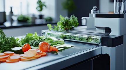 Close-up of Sliced Vegetables and a Modern Kitchen Appliance