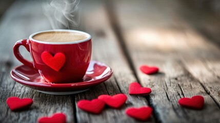 Espresso Cup And Saucer With Heart Shaped Steam And Red Hearts On Wooden Table - Valentine's Day with generative ai