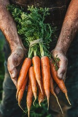 Wall Mural - freshly picked carrots in hands. Selective focus