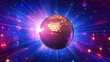 © solom - 3D rendering of a shiny disco ball with rays and lights on a dark background