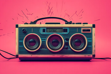 Vintage boombox playing music on pink background