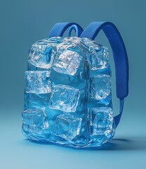 Sticker - Clear ice cube backpack with matching blue straps.