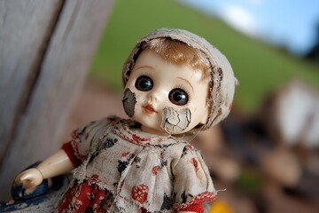 A doll that seems to age, with its once-new clothes turning to rags and its face cracking over time