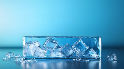 A blue background with a clear glass slab with ice cubes on it