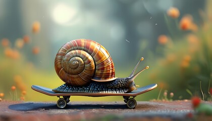 Whimsical snail on a skateboard racing through a vibrant world, showcasing speedy delivery and playful imagination in a fantastical environment