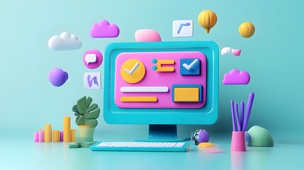 Colorful digital workspace with modern icons and interface on computer monitor