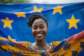 Nigerian woman beams pride and unity reflecting vibrant spirit. Immigration challenges strain public services in EU.  Image reflects strength and pride of her cultural identity.