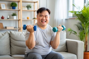 Smiling Asian young man with Down syndrome sits on a sofa, happily engaging in physical therapy exercises with dumbbells, promoting health and relaxation at home.